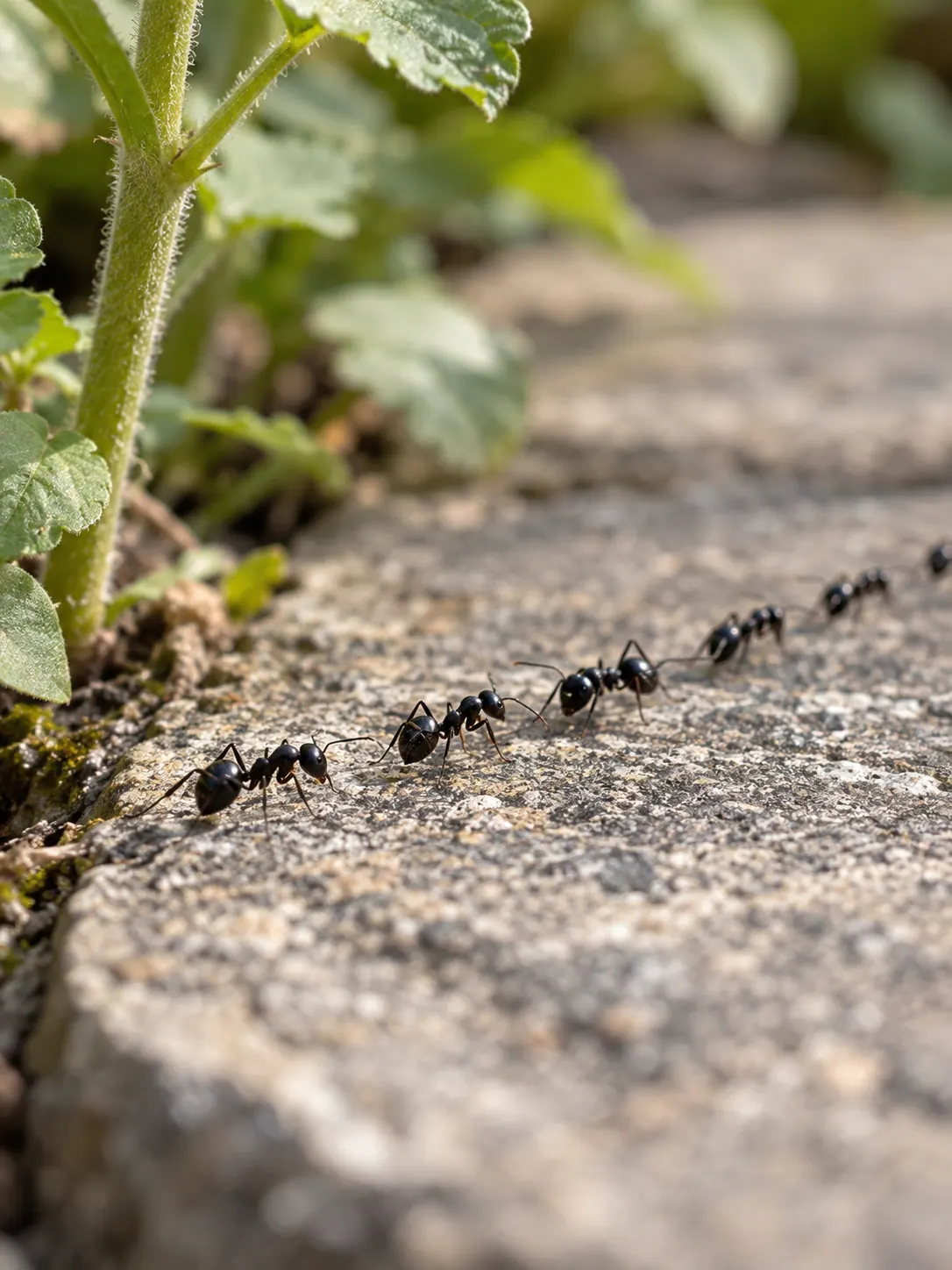 Realistische rij zwarte mieren op een stenen ondergrond