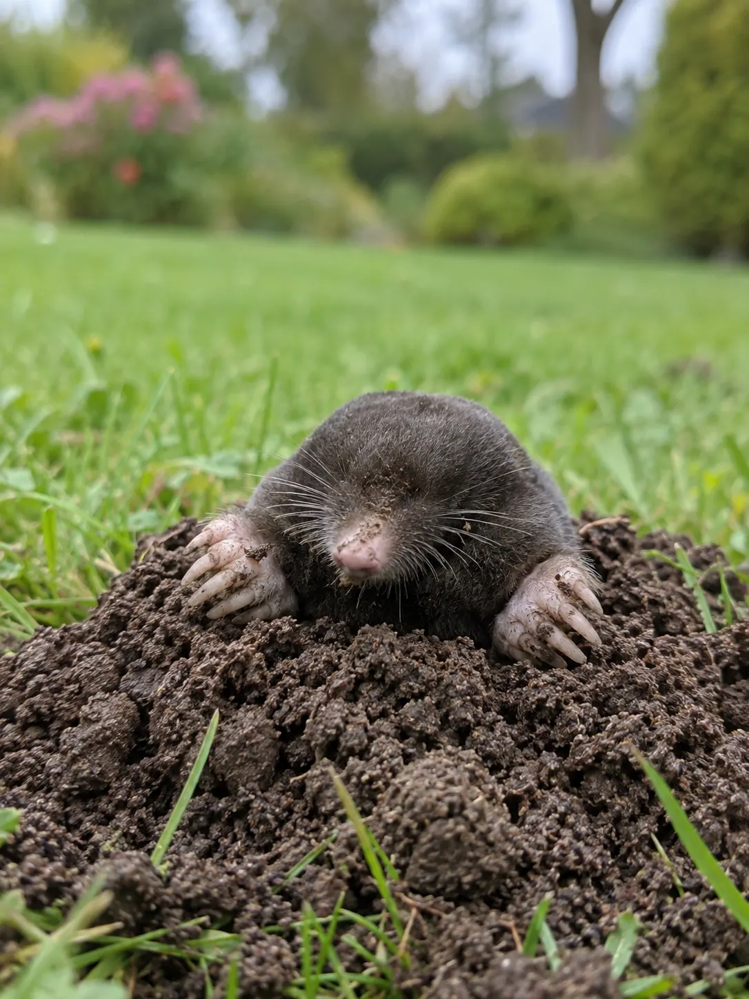 Realistische mol die uit een molshoop in een gazon komt