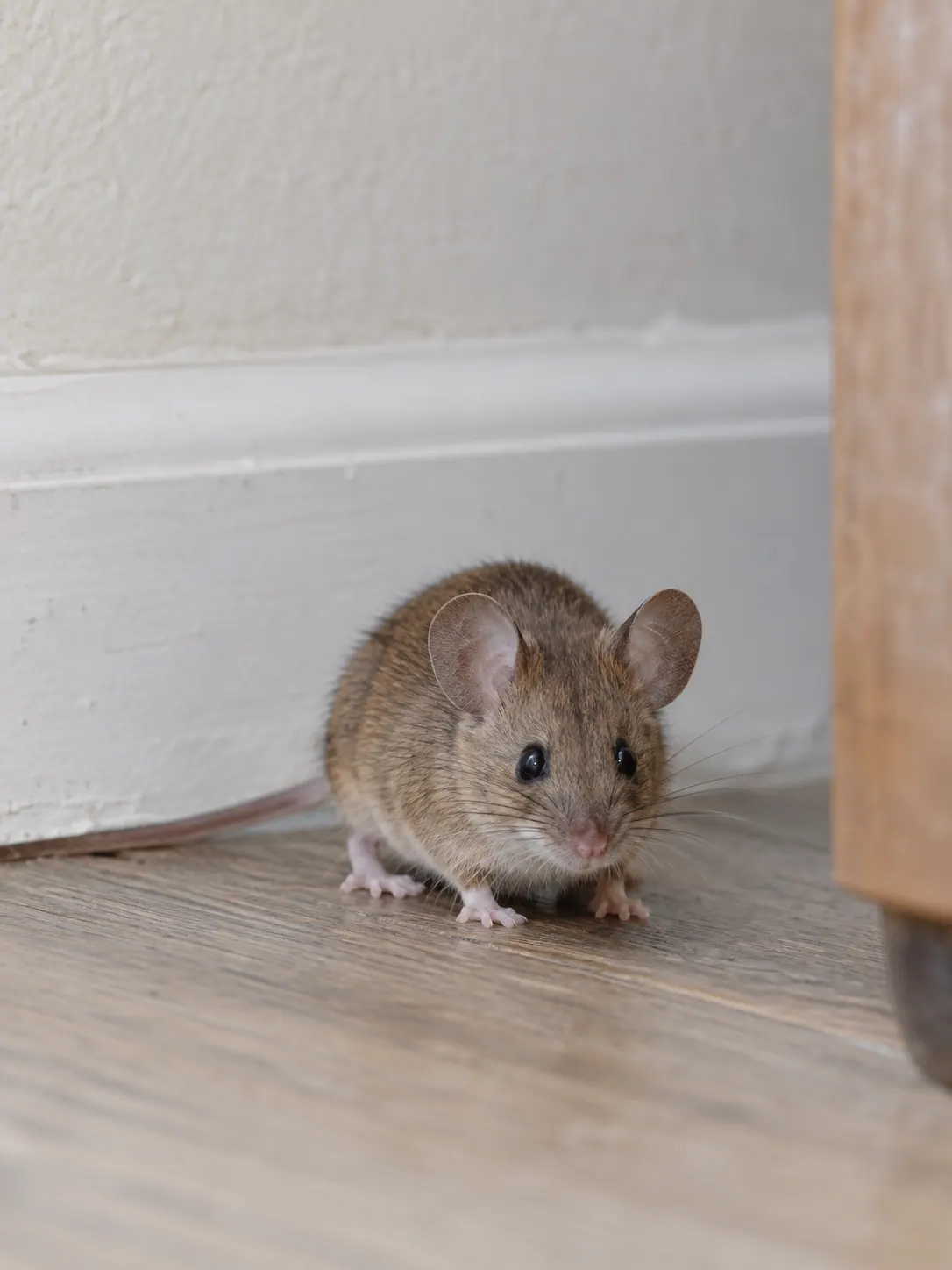 Realistische huismuis binnenshuis bij een plint