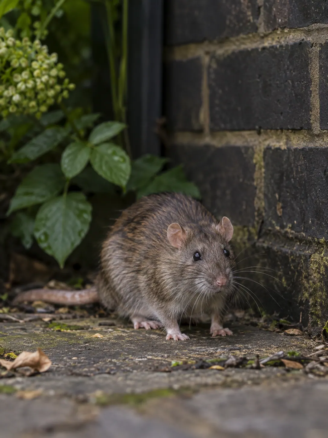 Realistische bruine rat bij een buitenmuur